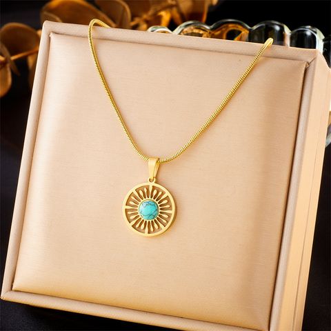 Titanium Steel 18K Gold Plated Vintage Style Simple Style Hollow Out Inlay Sun Turquoise Pendant Necklace