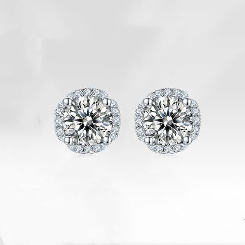 Sterling Silver 18K Gold Plated Classic Style Shiny Inlay Round Heart Shape Flower Lab-grown Diamonds Moissanite Ear Studs