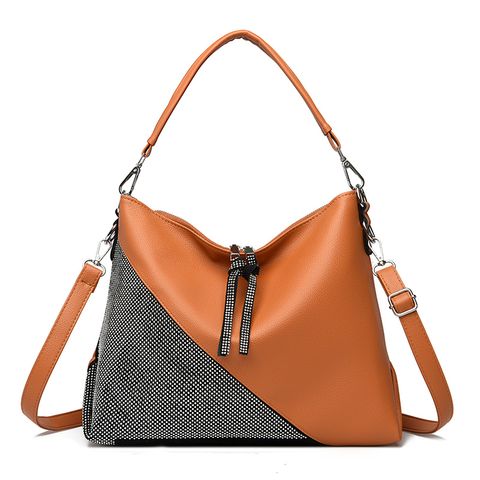 Women's Large Pu Leather Color Block Basic Classic Style Square Zipper Shoulder Bag