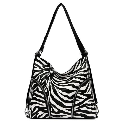 Women's Large Pu Leather Cows Zebra Streetwear Square Zipper Tote Bag