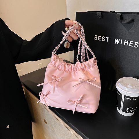 Women's Medium Pu Leather Solid Color Bow Knot Cute Classic Style Square Magnetic Buckle Bucket Bag