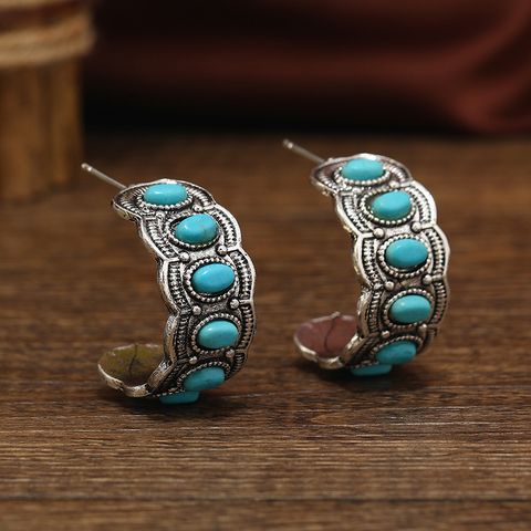 1 Pair Chinoiserie Elegant Lady Circle Inlay Zinc Alloy Turquoise Ear Studs