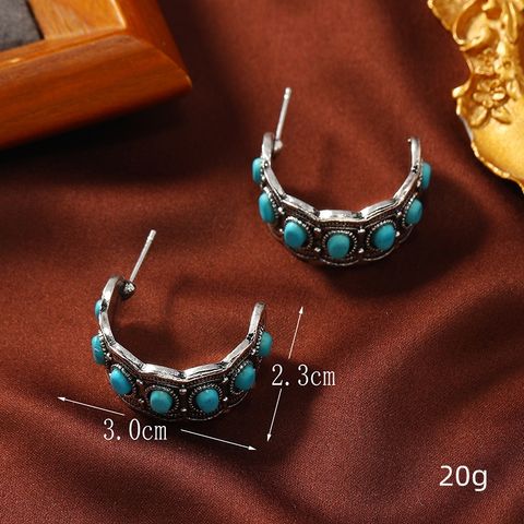 1 Pair Chinoiserie Elegant Lady Circle Inlay Zinc Alloy Turquoise Ear Studs