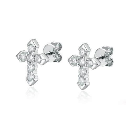1 Pair Simple Style Classic Style Cross Plating Inlay Sterling Silver Zircon White Gold Plated Gold Plated Ear Studs
