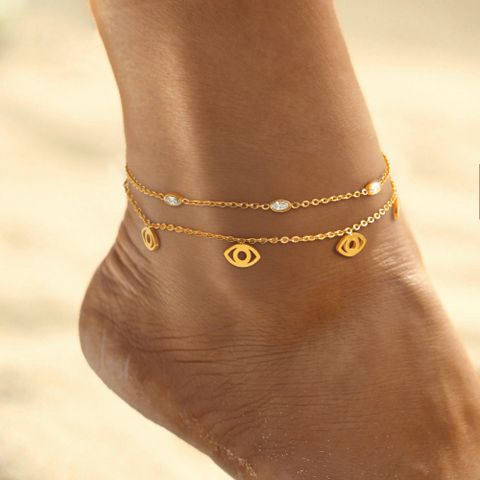 Casual Beach Oval Eye 304 Stainless Steel Plating Inlay Zircon 18K Gold Plated Women's Anklet