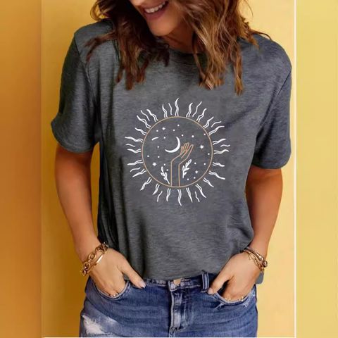 Women's T-shirt Short Sleeve T-Shirts Printing Streetwear Sun Hand Moon