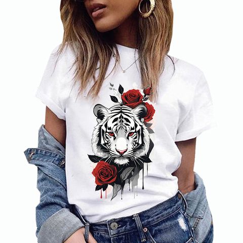 Women's T-shirt Short Sleeve T-Shirts Printing Streetwear Rose Tiger