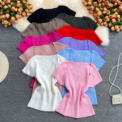 Women's Knitwear Short Sleeve Blouses Pleated Simple Style Solid Color