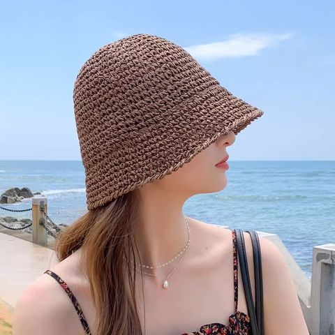 Women's Vacation Beach Solid Color Braid Big Eaves Bucket Hat Straw Hat