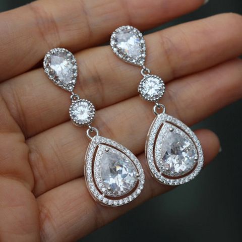 1 Pair Vintage Style Shiny Water Droplets Inlay Copper Zircon Drop Earrings