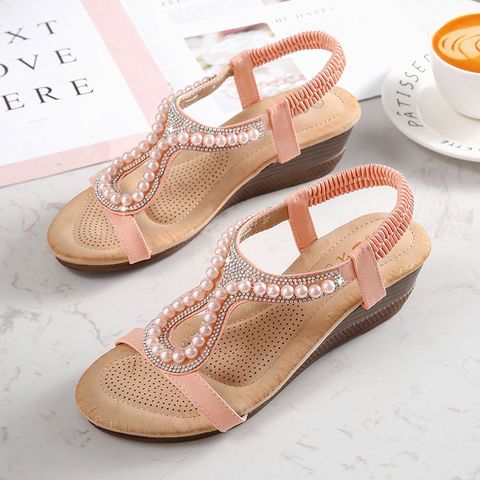 Women's Sexy Solid Color Rhinestone Pearls Round Toe Fashion Sandals