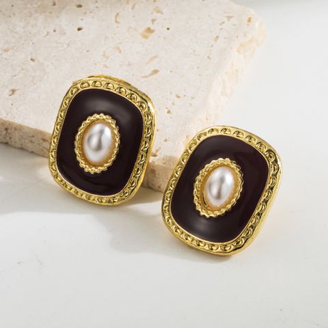 1 Pair Vacation Simple Style Square Enamel Inlay Alloy Pearl Ear Studs