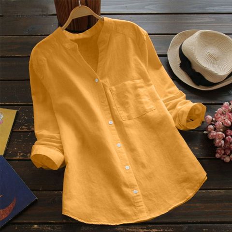Women's Blouse Long Sleeve Blouses Pocket Simple Style Solid Color