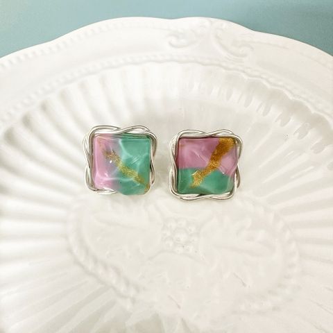 Simple Style Square Alloy Inlay Resin Women's Ear Studs 1 Pair