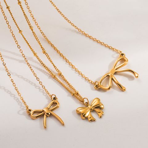 304 Stainless Steel 18K Gold Plated French Style Romantic Bow Knot Pendant Necklace