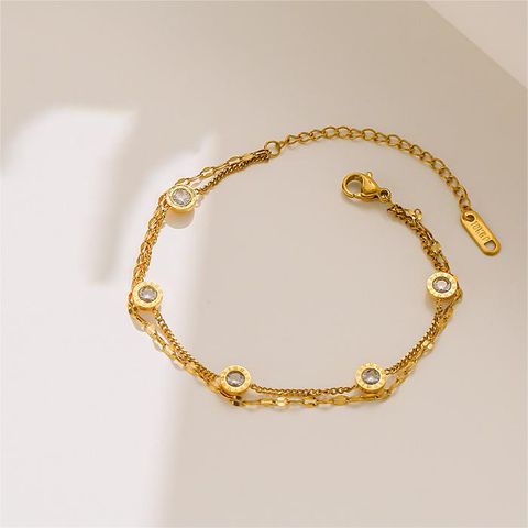 Elegant Simple Style Streetwear Round Stainless Steel Plating Inlay Zircon 18k Gold Plated Women's Anklet