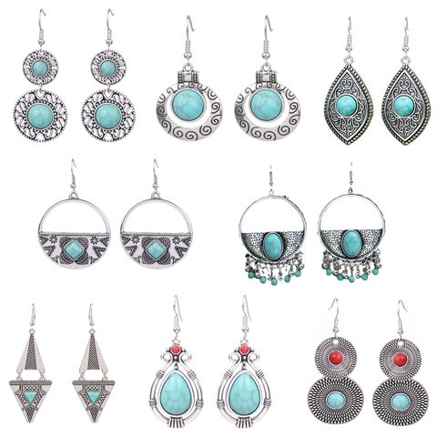 1 Pair Bohemian Round Inlay Zinc Alloy Turquoise Drop Earrings
