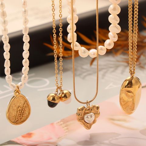 Süßwasserperle Titan Stahl 18 Karat Vergoldet IG-Stil Lässig Pendeln Perlen Überzug Inlay Oval Herzform Künstliche Perlen Halskette Mit Anhänger