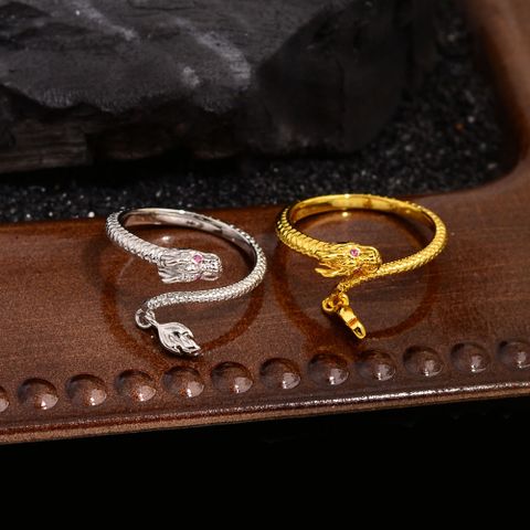 Wholesale Chinoiserie Retro Dragon Copper Inlay Zircon Charm Rings Open Rings
