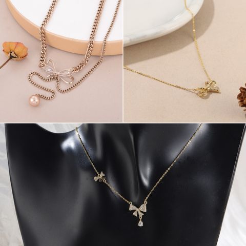 Copper 18K Gold Plated Cute Hip-Hop Inlay Bow Knot Zircon Pendant Necklace