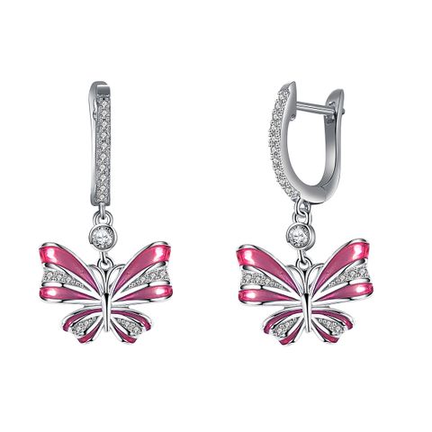 1 Pair Elegant Lady Sweet Butterfly Enamel Inlay Sterling Silver Zircon Drop Earrings