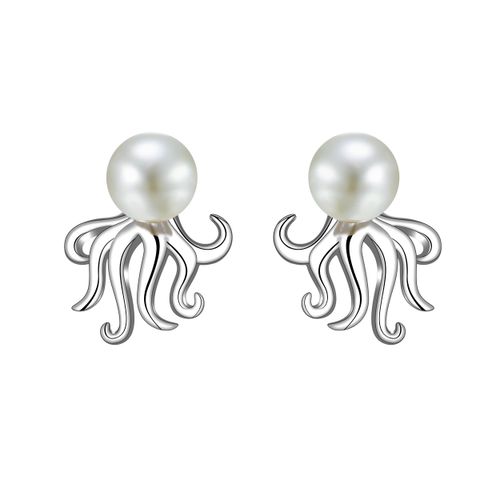 1 Pair IG Style Elegant Marine Style Octopus Inlay Sterling Silver Pearl Ear Studs