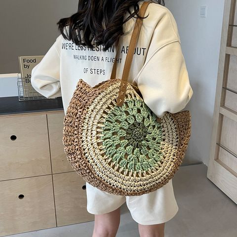 Women's Large Straw Color Block Vacation Beach Round Zipper Straw Bag