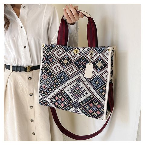 Women's Medium Canvas Lingge Ethnic Style Square Lock Clasp Tote Bag