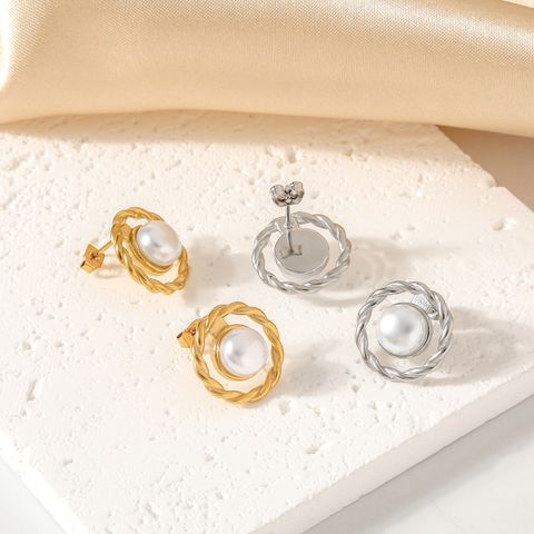 1 Pair Elegant Lady Modern Style Round Twist Plating Inlay 304 Stainless Steel Artificial Pearls Drop Earrings
