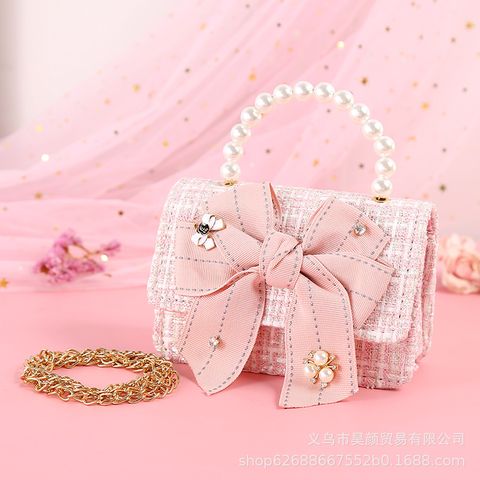 Kid'S Canvas Bow Knot Cute Pearls Square Buckle Handbag
