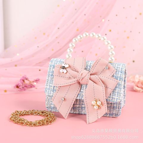 Kid'S Canvas Bow Knot Cute Pearls Square Buckle Handbag
