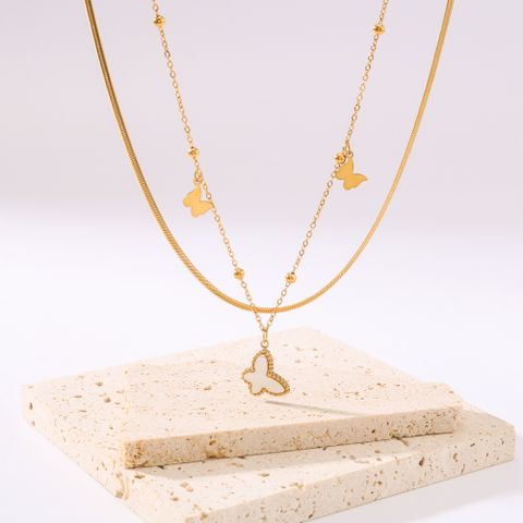 304 Stainless Steel 18K Gold Plated IG Style Romantic Simple Style Inlay Butterfly Acrylic Double Layer Necklaces