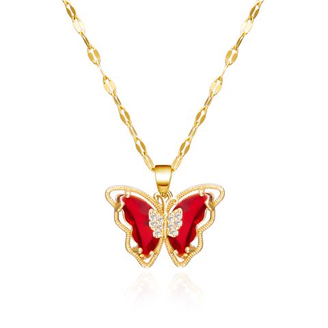 Copper IG Style Fairy Style Korean Style Inlay Butterfly Zircon Pendant Necklace