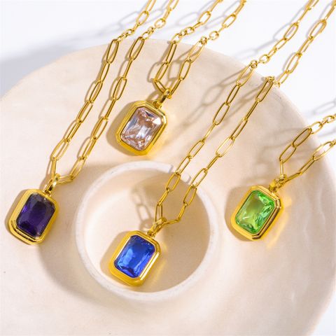 Vintage Style Square Stainless Steel Plating Inlay Zircon 18k Gold Plated Pendant Necklace