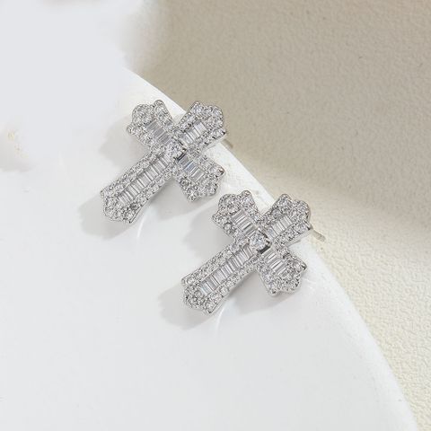 1 Pair Vintage Style Cross Inlay Copper Zircon 14K Gold Plated Ear Studs