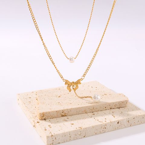 304 Stainless Steel 18K Gold Plated IG Style Sweet Inlay Bow Knot Pearl Double Layer Necklaces