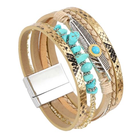 Wholesale Jewelry Ethnic Style Round Pu Leather Alloy Feather Patchwork Bangle
