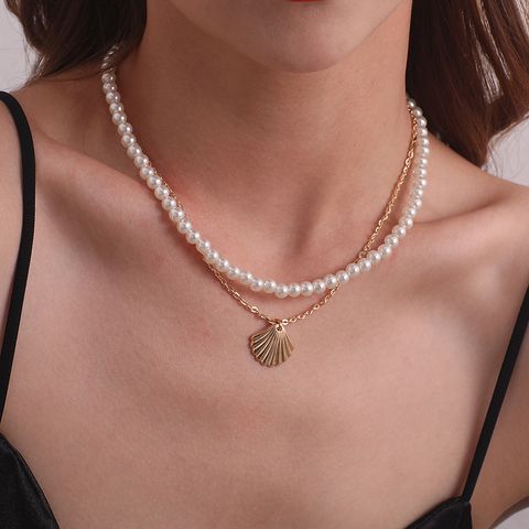 Wholesale Jewelry Casual Simple Style Shell Artificial Pearl Alloy Beaded Handmade Double Layer Necklaces