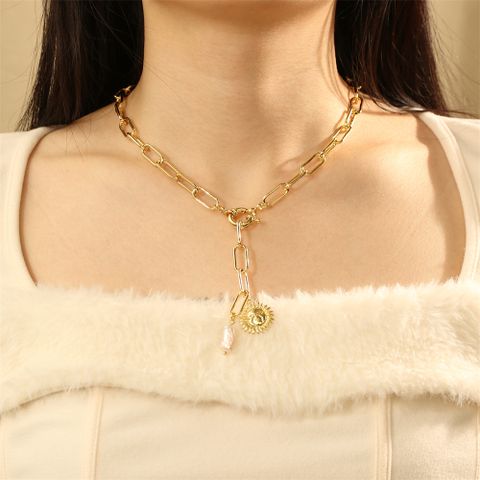 Freshwater Pearl Copper IG Style Elegant Lady Sunflower Pendant Necklace