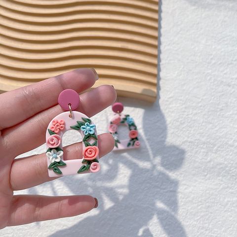 1 Pair Pastoral Rose Flower Handmade Soft Clay Drop Earrings