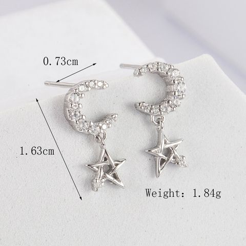 1 Pair Elegant Romantic Shiny Star Moon Rectangle Inlay Carving Sterling Silver Zircon White Gold Plated Drop Earrings