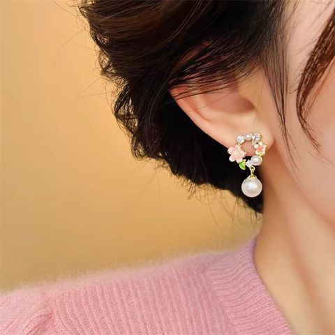 1 Pair Princess Cute Sweet Flower Plating Inlay Alloy Pearl Silver Plated Drop Earrings