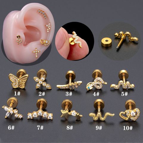 1 Piece Ear Cartilage Rings & Studs Simple Style Classic Style Heart Shape Snake Butterfly Copper Polishing Inlay Zircon 18K Gold Plated Ear Cartilage Rings & Studs