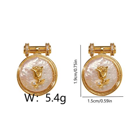 1 Pair Elegant Vintage Style Rose Inlay Copper Freshwater Pearl Zircon 18K Gold Plated Drop Earrings