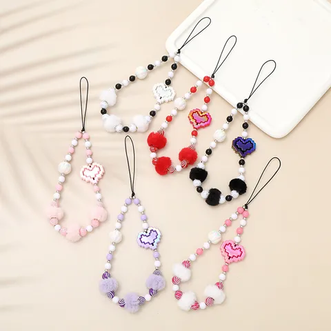 Cute Sweet Heart Shape Beaded Pom Poms Mobile Phone Chain Keychain