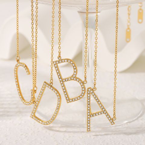 304 Stainless Steel 18K Gold Plated Simple Style Inlay Letter Rhinestones Pendant Necklace