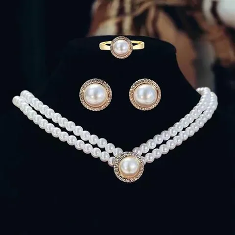 Elegant Bridal Geometric Imitation Pearl Beaded Women's Rings Earrings Necklace