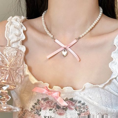 Sweet Heart Shape Bow Knot Imitation Pearl Alloy Beaded Women's Necklace
