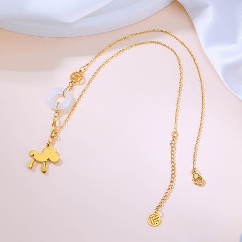304 Stainless Steel Jade 18K Gold Plated Vintage Style Simple Style Plating Hollow Out O-Shape Horse Pendant Necklace