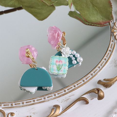 IG Style Sweet Geometric Flower Resin Asymmetrical Pearl Women's Drop Earrings Ear Cuffs 1 Pair